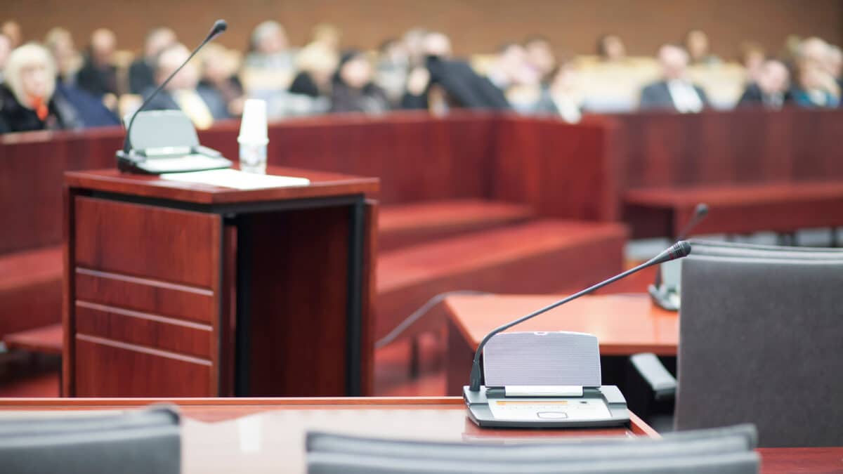 A court house with audio recording capabilities facilitates accurate court transcripts.