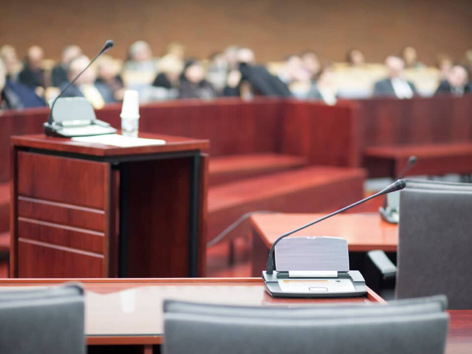 A court house with audio recording capabilities facilitates accurate court transcripts.