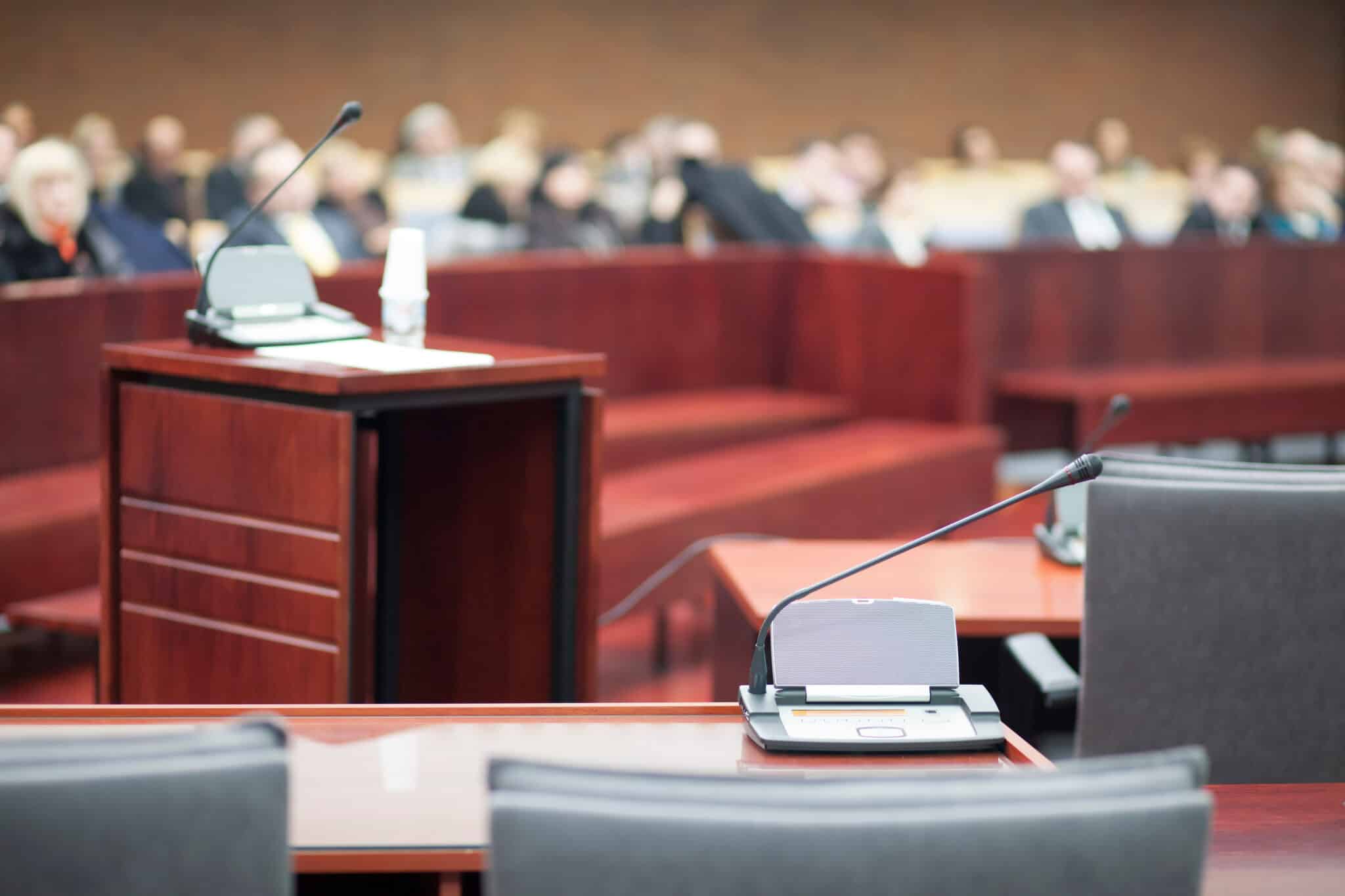 A court house with audio recording capabilities facilitates accurate court transcripts.