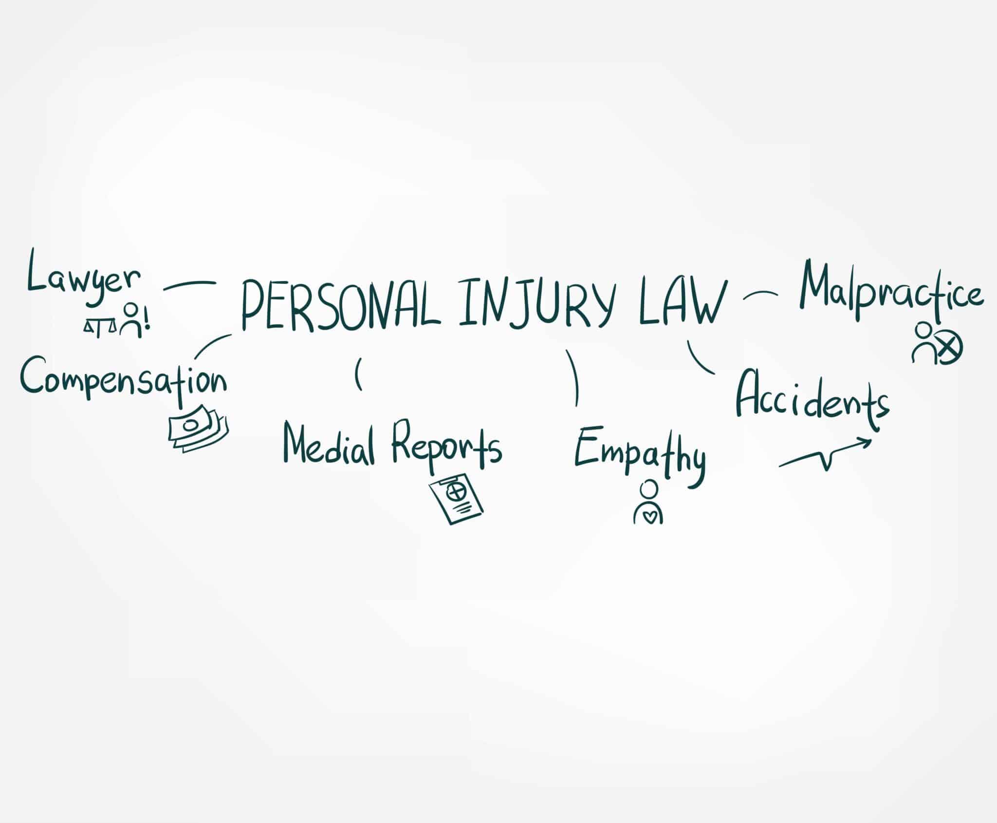 Sketch art showing elements of personal injury law: lawyer, compensation, accident, malpractice.