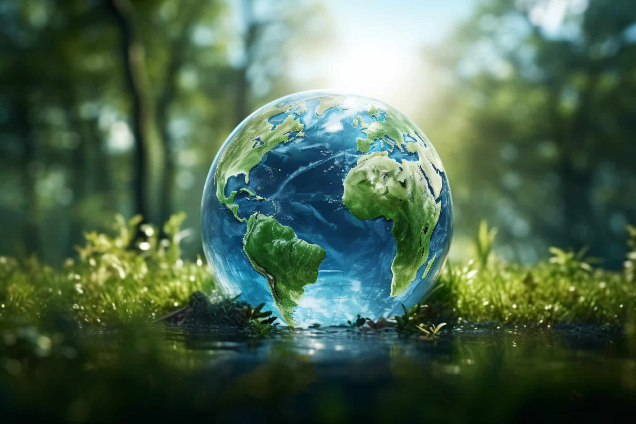 Earth globe placed in a lush rainforest, symbolizing the importance of environmental conservation.