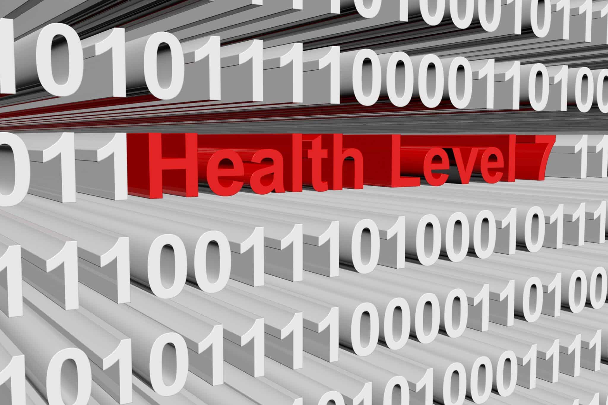 Health Level 7 intertwined with binary code; representing medical transcription data exchanges.