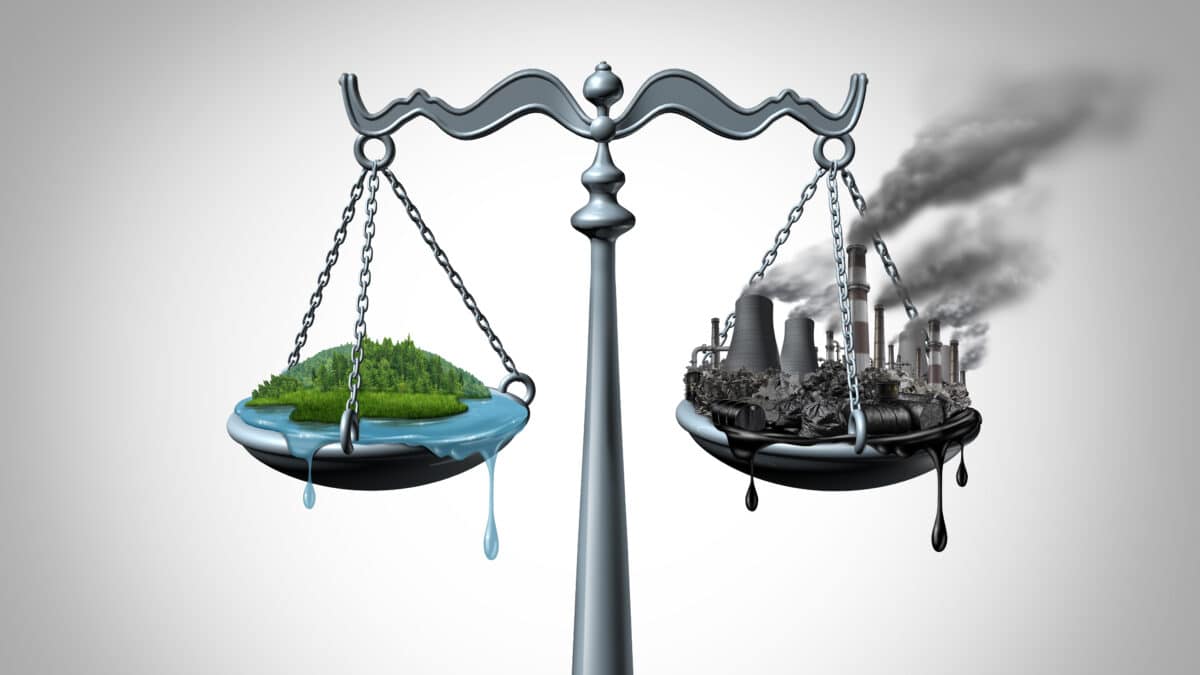 Legal scale balancing conservation and industry, depicting environmental law trade-offs.