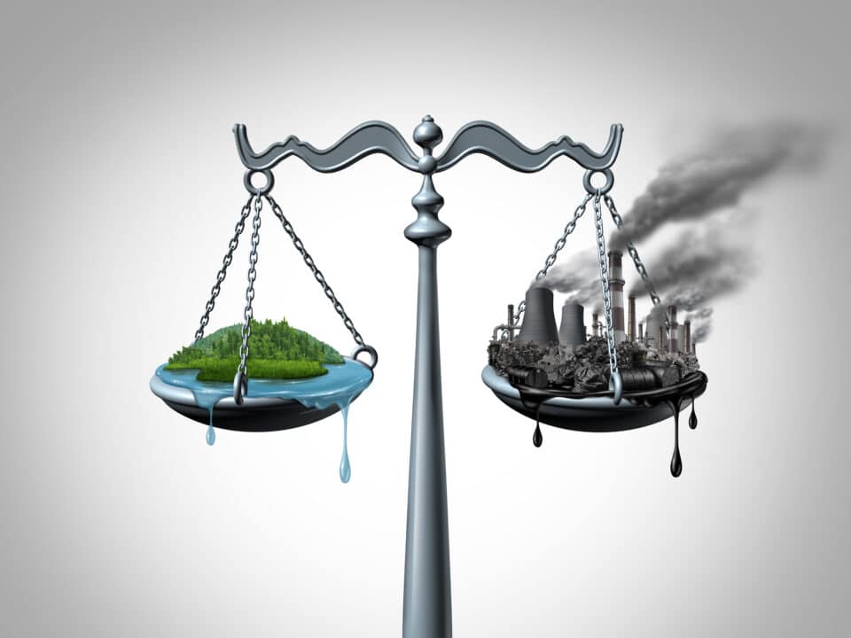 Legal scale balancing conservation and industry, depicting environmental law trade-offs.
