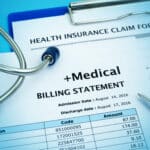 Medical bill and insurance claim form depict healthcare costs; medical transcription plays a role.