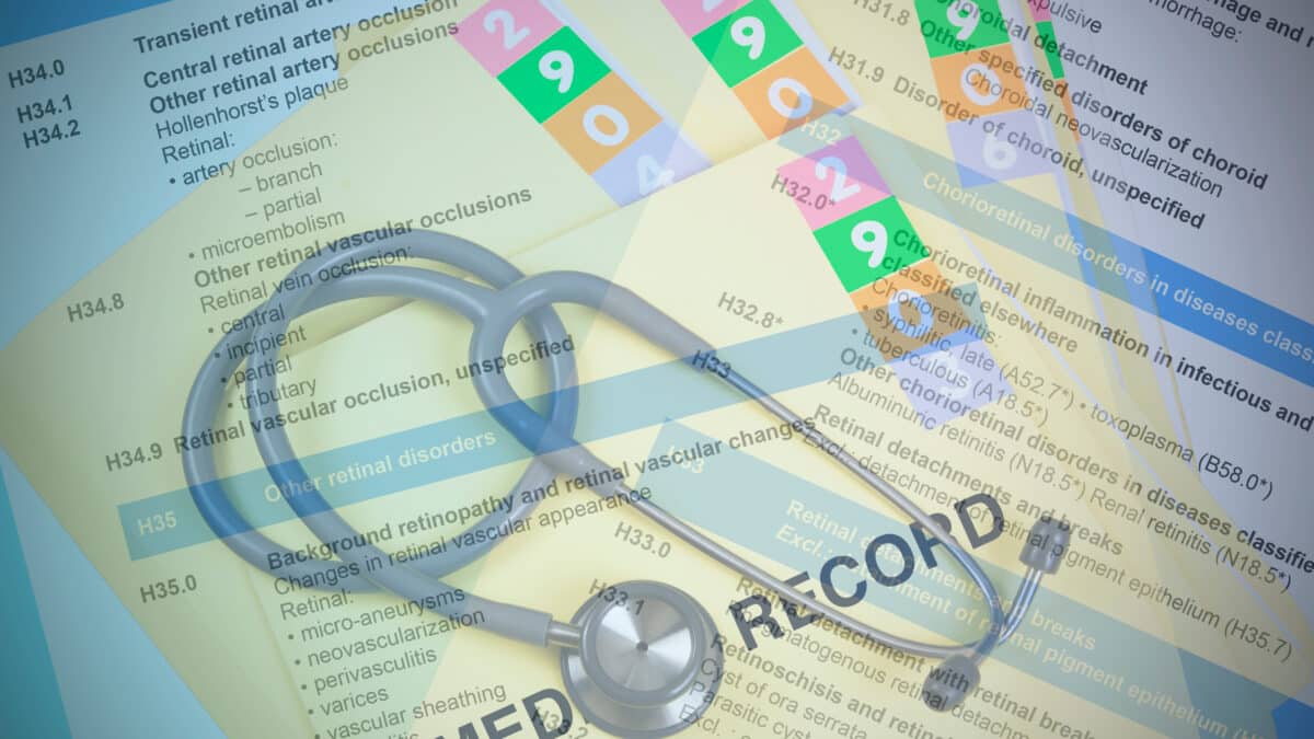 Stethoscope, ICD-10 codes and patient records, symbolizing healthcare diagnostics and documentation.