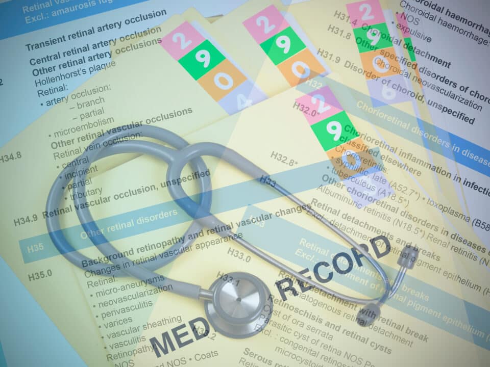 Stethoscope, ICD-10 codes and patient records, symbolizing healthcare diagnostics and documentation.