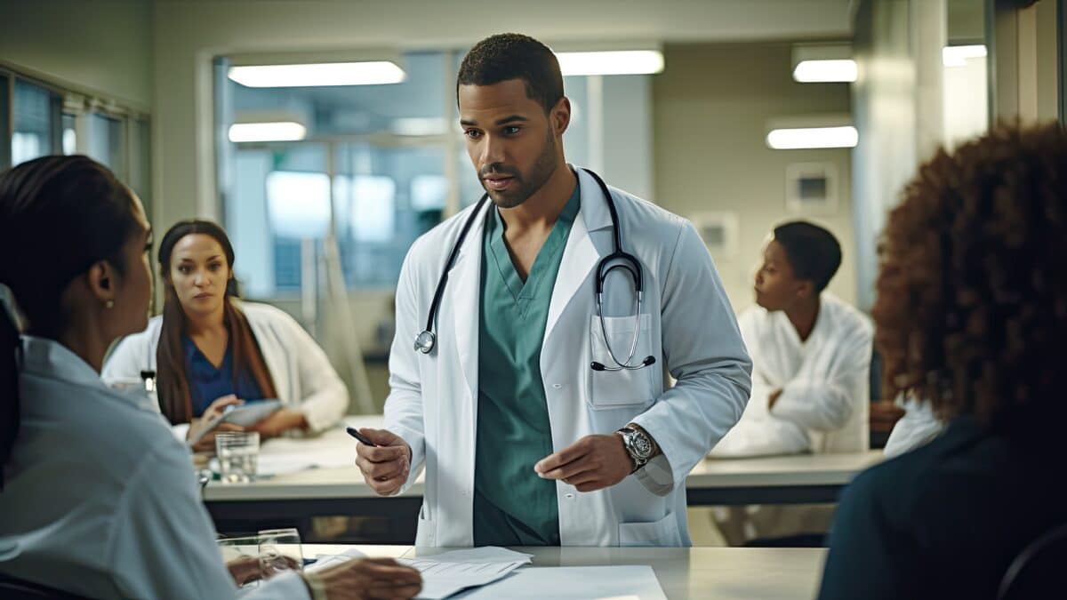 Doctor and team reviewing Trans|IT medical transcripts for better patient care coordination.