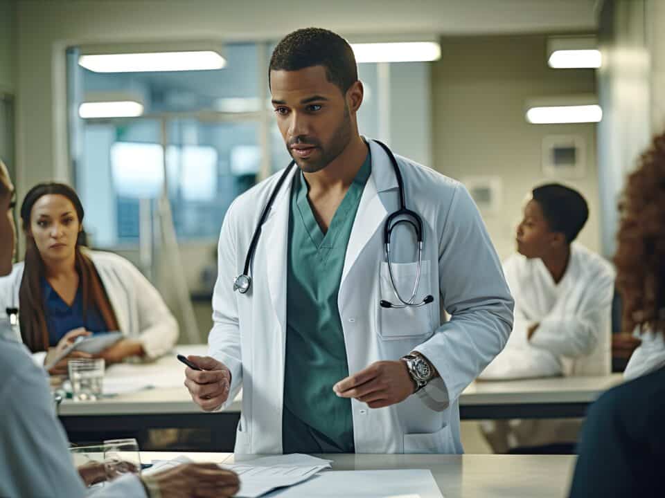 Doctor and team reviewing Trans|IT medical transcripts for better patient care coordination.