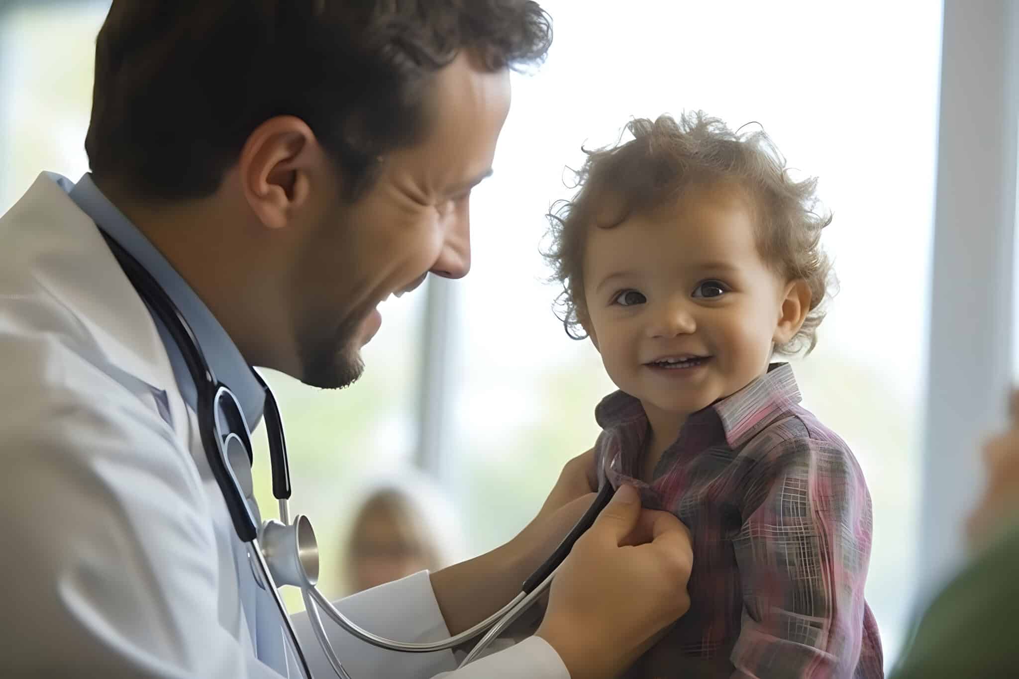 Happy doctor with baby, able to focus on patient care thanks to outsourcing medical transcription.