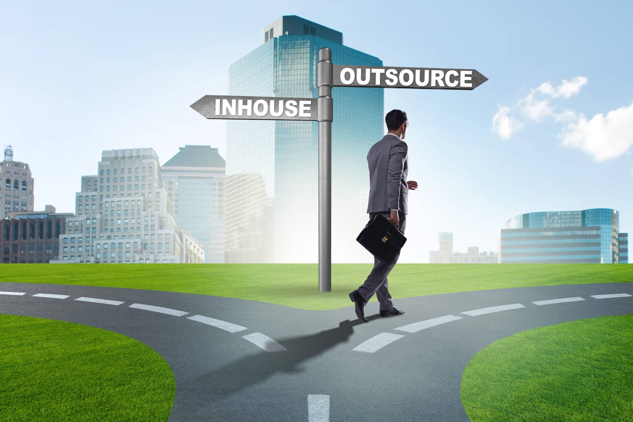 Healthcare professional choosing between 'Outsource' or 'In-House' paths for medical transcription.