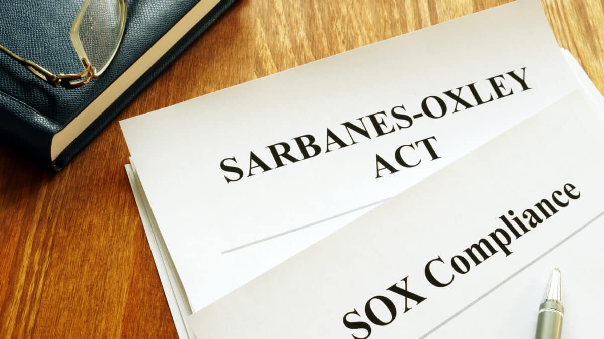 Sarbanes-Oxley Act and SOX policy symbolize importance of compliance in finance transcription.