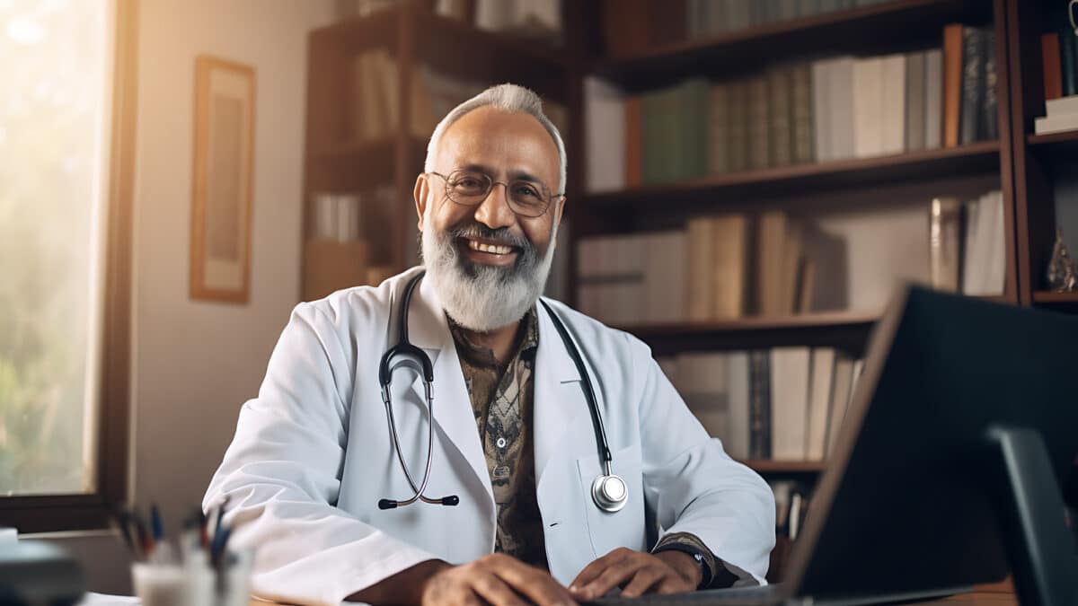 Smiling doctor is happy because his workload is less with outsourced medical transcription services.