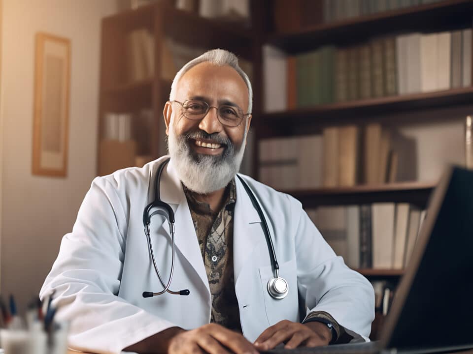 Smiling doctor is happy because his workload is less with outsourced medical transcription services.