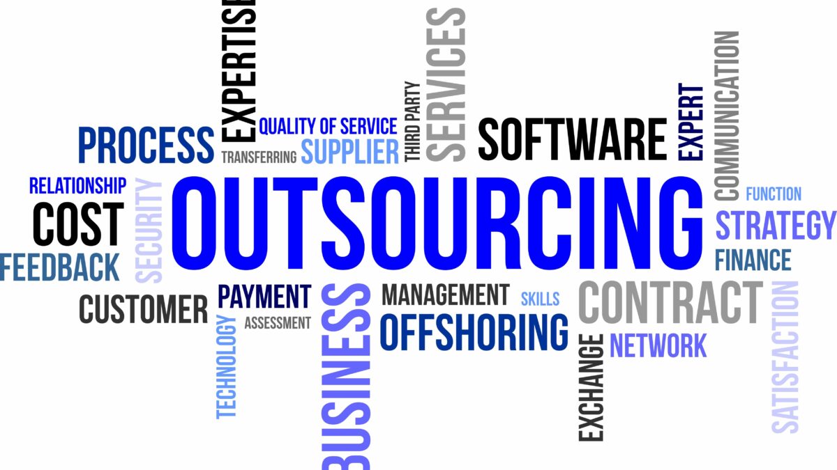 Word cloud showing aspects of medical transcription outsourcing, including quality, security, cost.