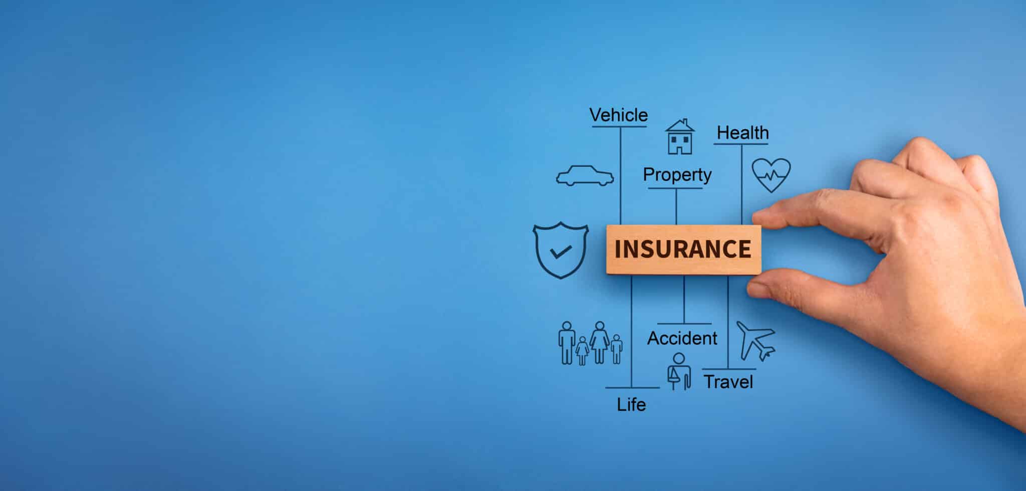 Hand holding a block labeled 'Insurance,' with icons and text for different insurance types.