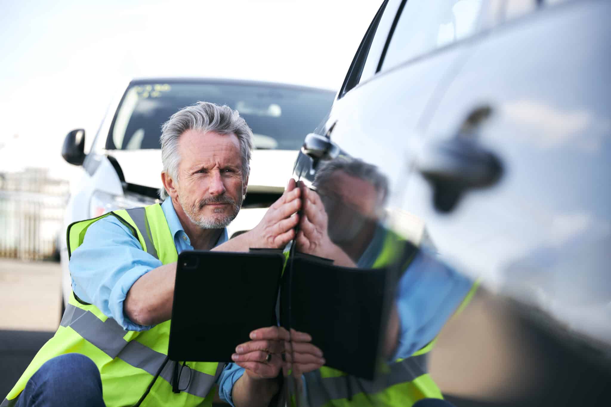 Insurance adjuster with tablet assesses vehicle; prepares to dictate findings for transcription.