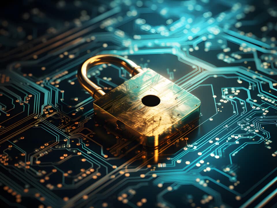 A padlock above digital circuits symbolizes Athreon's unparalleled data transcription protection.