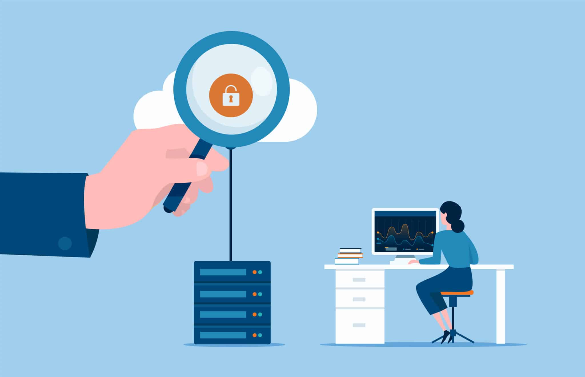 Cloud server with padlock under magnifying glass symbolizes Athreon's secure transcription service.