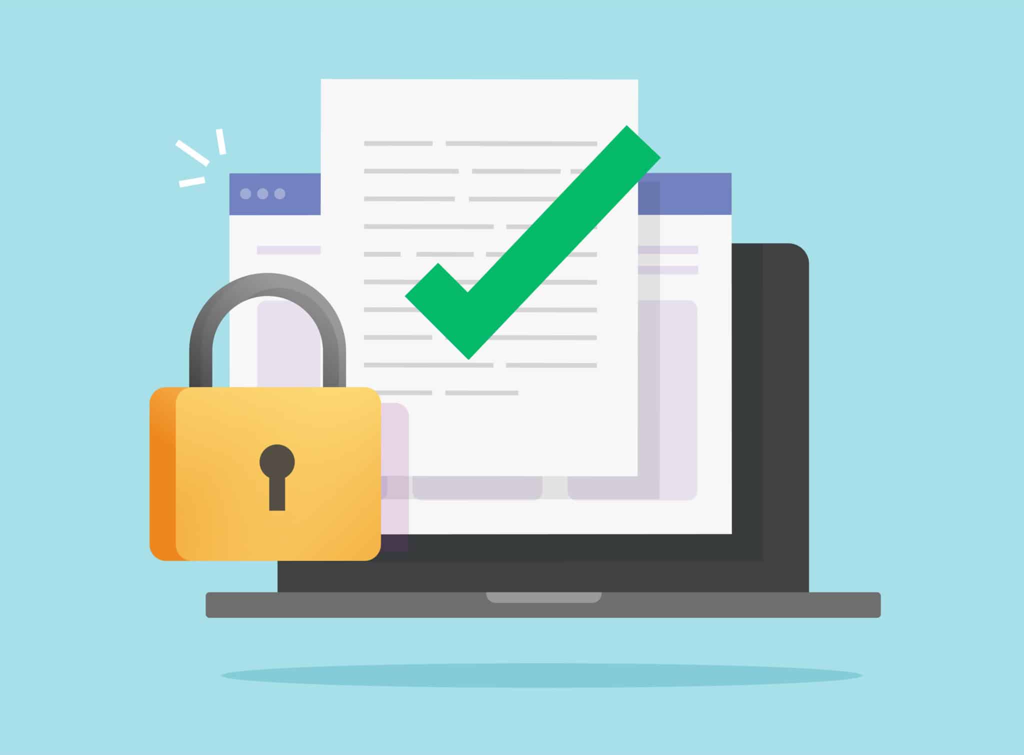 Image of a laptop and a secure, confidential document symbolizes confidential transcription service.
