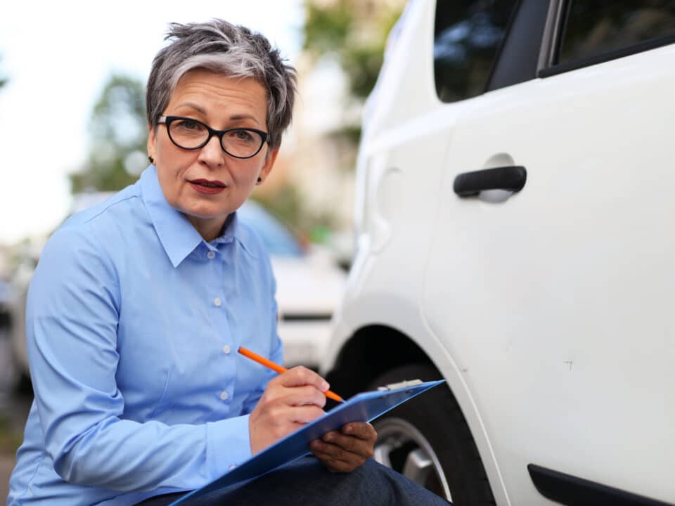 Insurance agent noting car damage, exemplifying the importance of detailed transcription in claims.