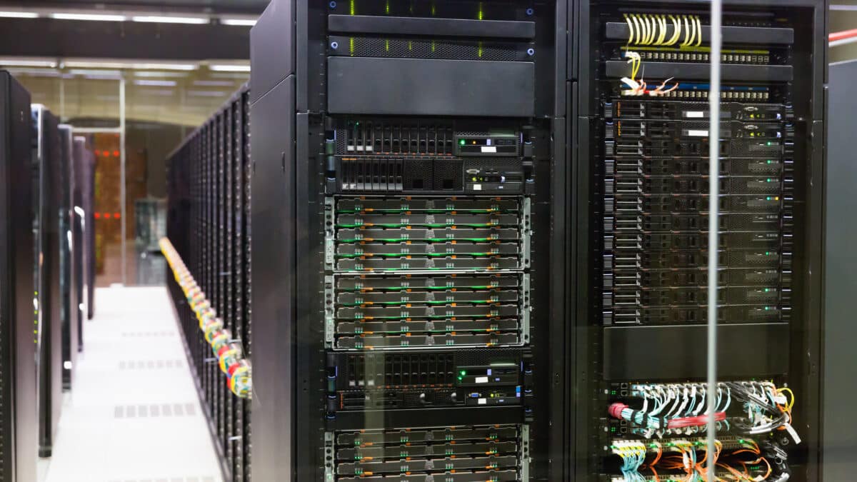 Server room symbolizing secure, SOC-compliant transcription services and data protection.