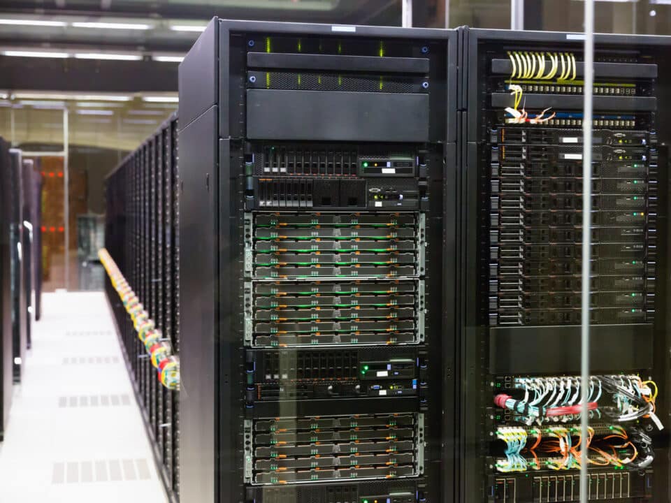 Server room symbolizing secure, SOC-compliant transcription services and data protection.