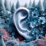 3D ear in a flower garden symbolizes inclusivity for hard of hearing via subtitles and captions.