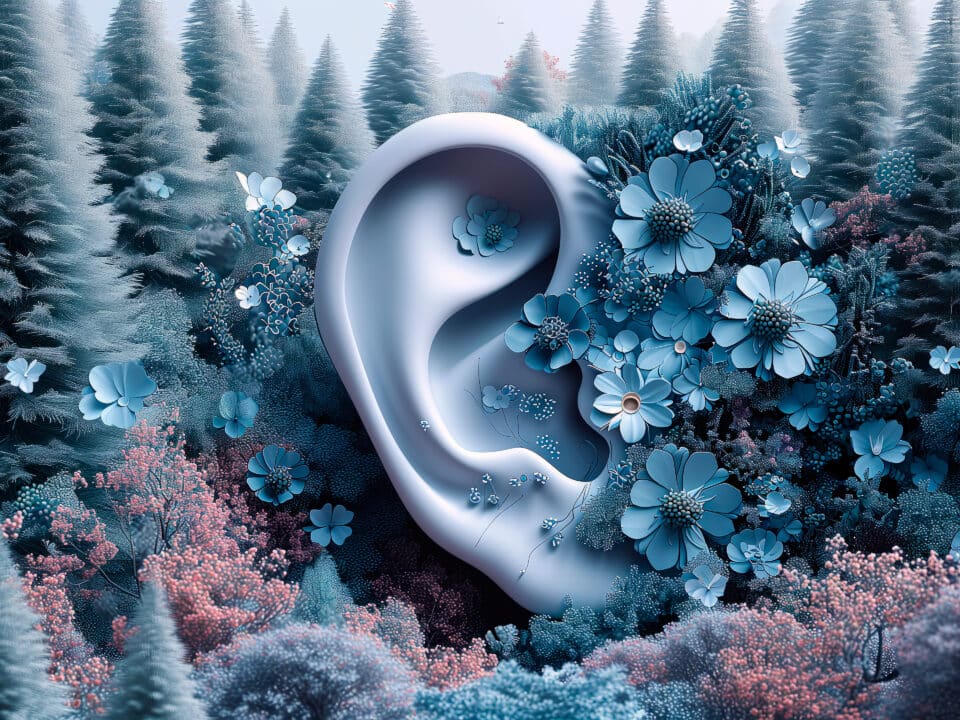 3D ear in a flower garden symbolizes inclusivity for hard of hearing via subtitles and captions.