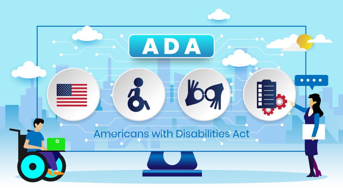 ADA compliance cartoon with diverse figures and icons for solutions like closed caption services.