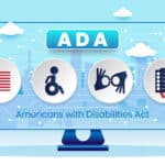 ADA compliance cartoon with diverse figures and icons for solutions like closed caption services.