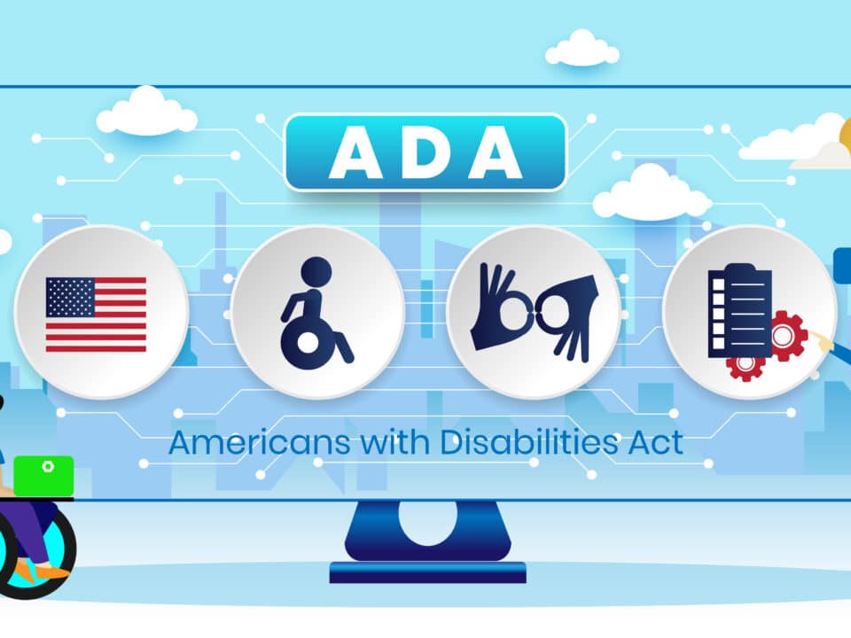 ADA compliance cartoon with diverse figures and icons for solutions like closed caption services.