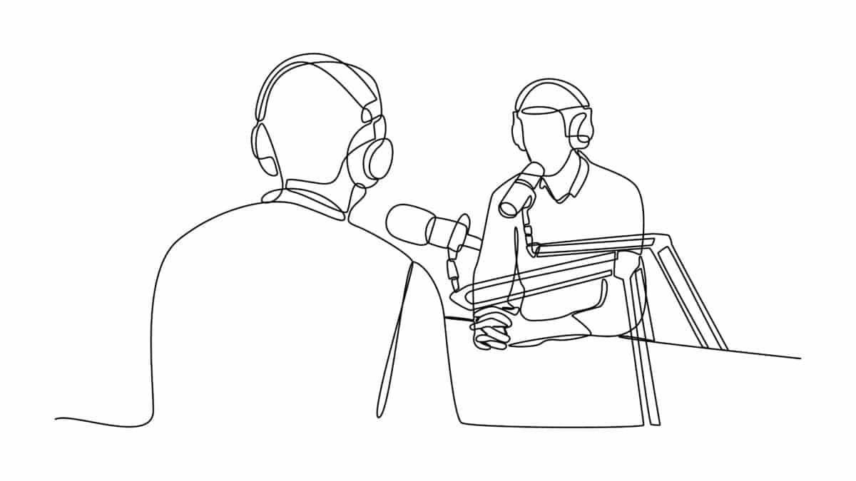 One-line drawing depicts a podcast interview with two figures, bolstered by podcast transcription.