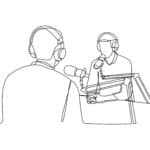 One-line drawing depicts a podcast interview with two figures, bolstered by podcast transcription.