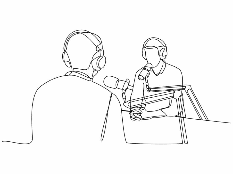 One-line drawing depicts a podcast interview with two figures, bolstered by podcast transcription.