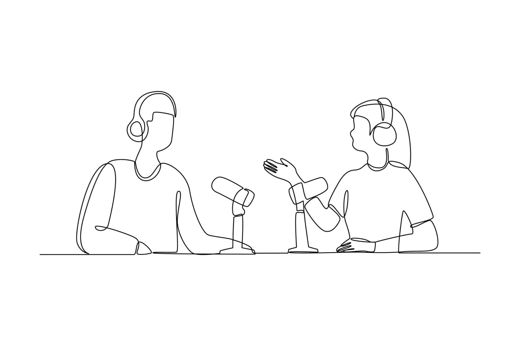 One-line illustration of a podcast interview that leverages professional transcription services.