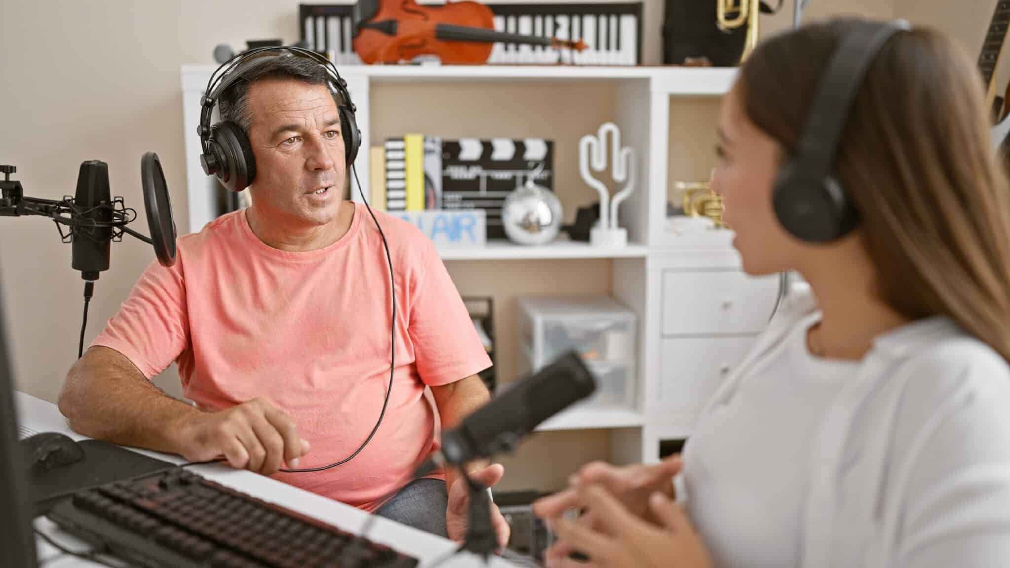 Podcaster speaks with celebrity guest, showcasing the crucial role of precise transcription services.