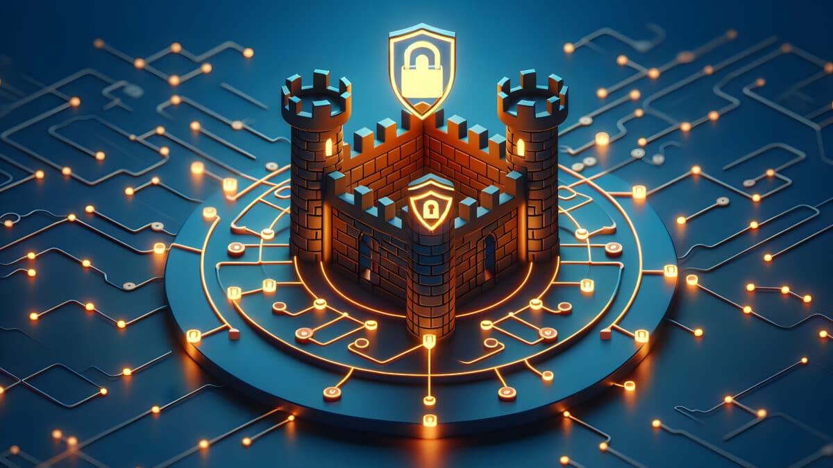 Digital cybersecurity concept with a fortress on a circuit board, representing network protection.