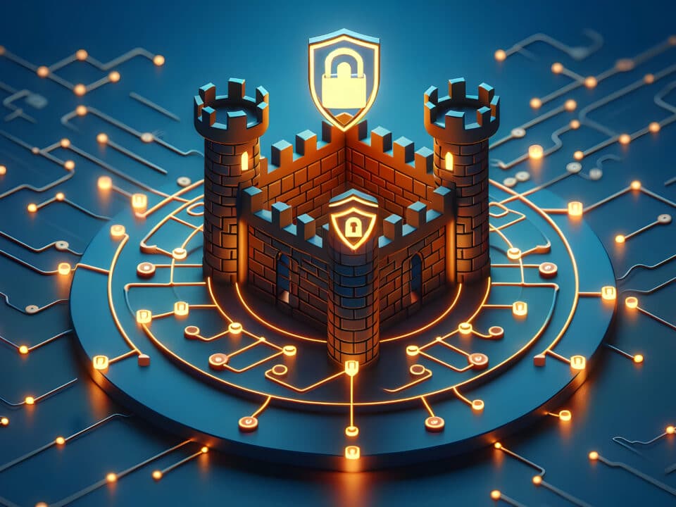 Digital cybersecurity concept with a fortress on a circuit board, representing network protection.