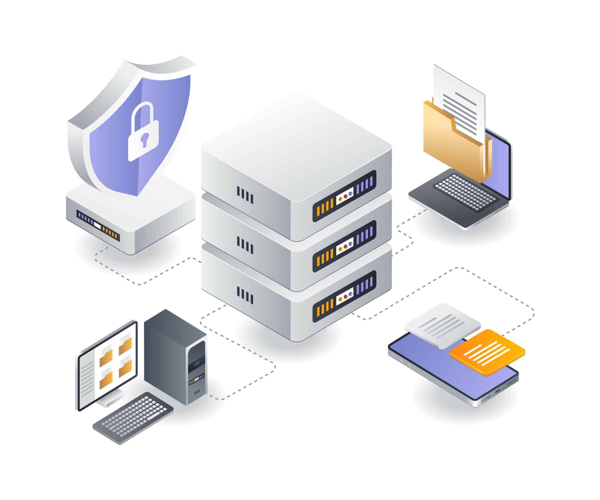 Flat isometric illustration concept of secure computer network for video transcription services.