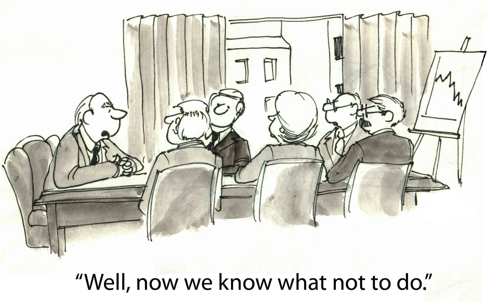Cartoon of meeting with boss saying 'Well, now we know what not to do,' denotes cybersecurity errors