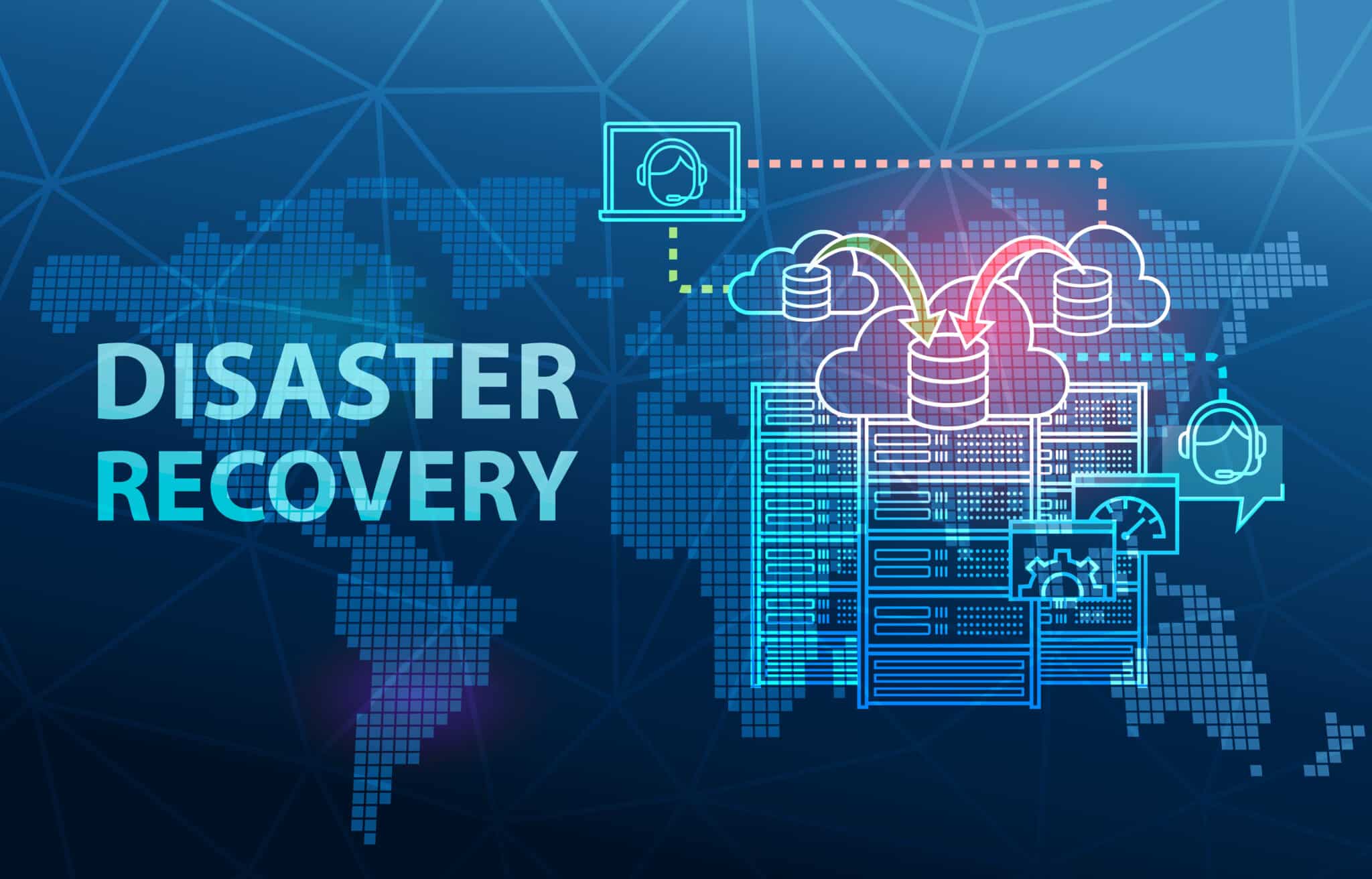 Illustration of disaster recovery with cloud backup, servers, & communication icons over a world map