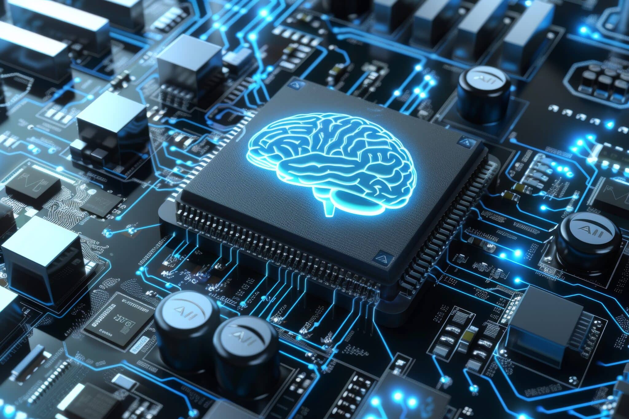 Image of a microchip and brain symbol; symbolizes integration of AI and cybersecurity in AI scribes.