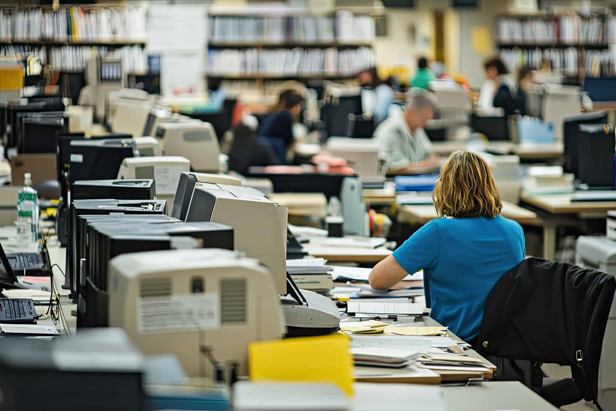 Government transcription office with staff working at desks filled with computers and files.